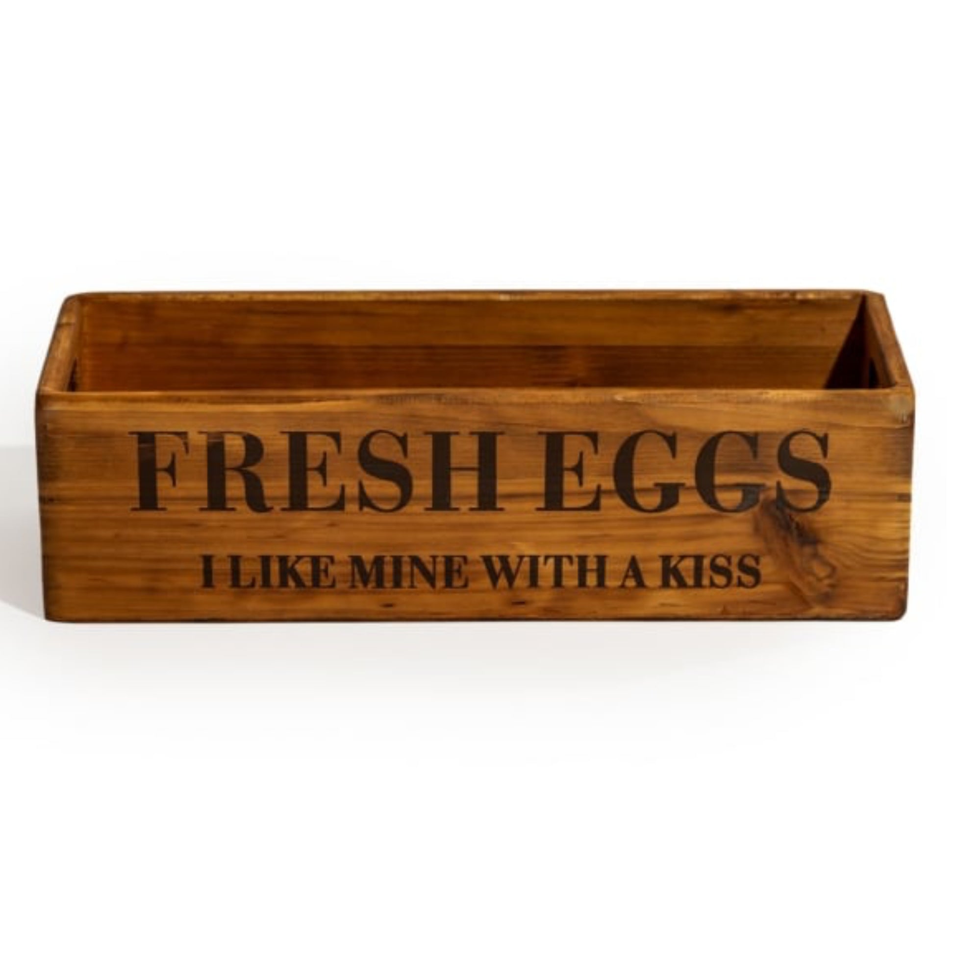 Wooden crate with 'Fresh Eggs I Like Mine With A Kiss' text on a white background