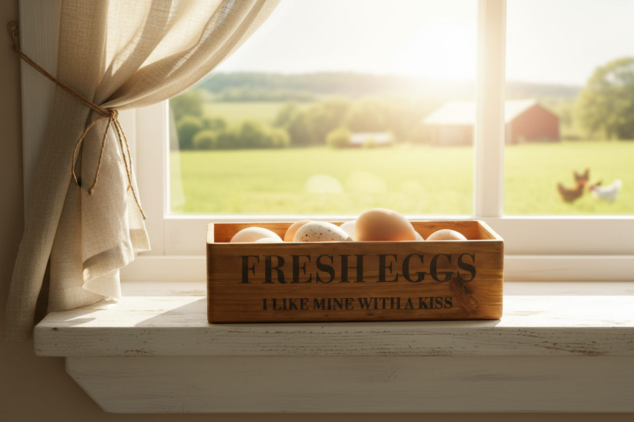 Wooden box of fresh eggs on a windowsill with a view of a farm outside.