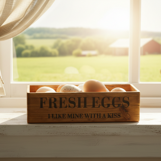 Wooden box of fresh eggs on a windowsill with a scenic view outside.