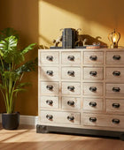 Wooden dresser with drawers in a room with a plant and lamp.