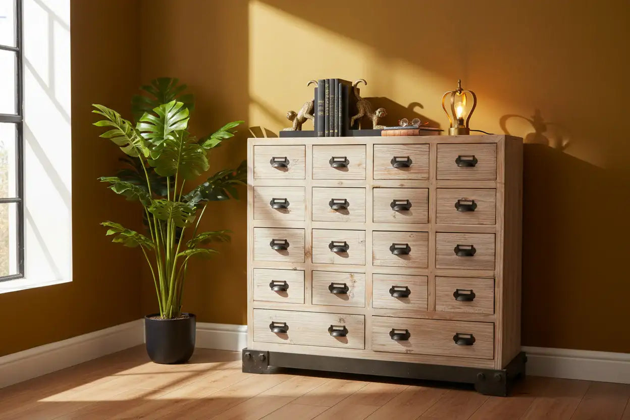 Wooden dresser with drawers in a room with a plant and lamp.
