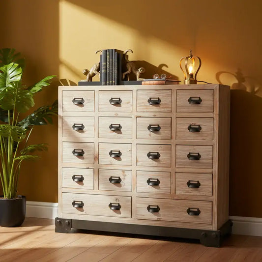 Wooden dresser with multiple drawers against a yellow wall with a plant on the left.