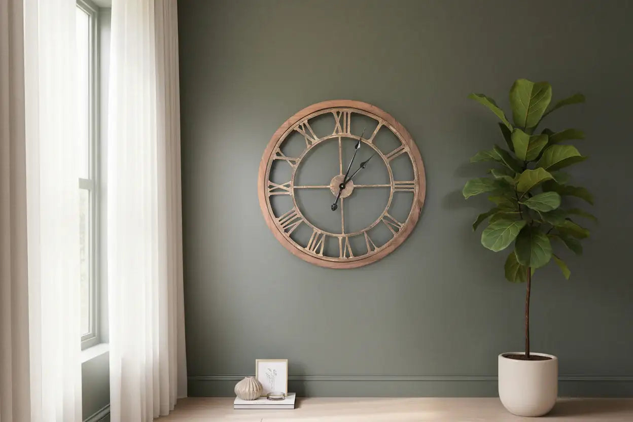 Large wooden wall clock with Roman numerals on a gray background