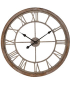 Large round wall clock with wooden frame and Roman numeral markers on a white background
