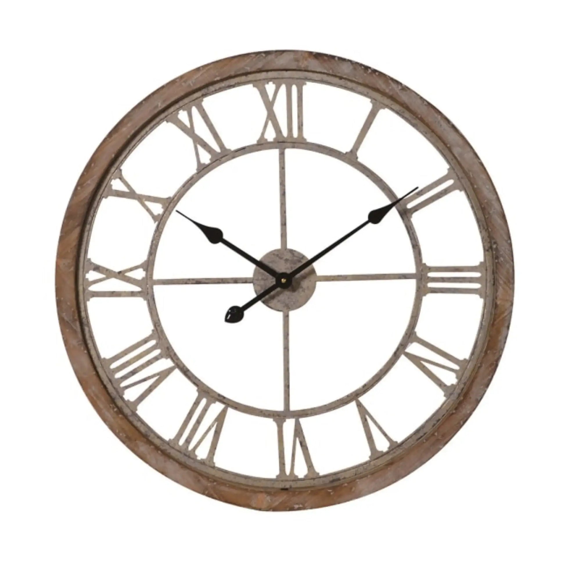 Large round wall clock with wooden frame and Roman numeral markers on a white background