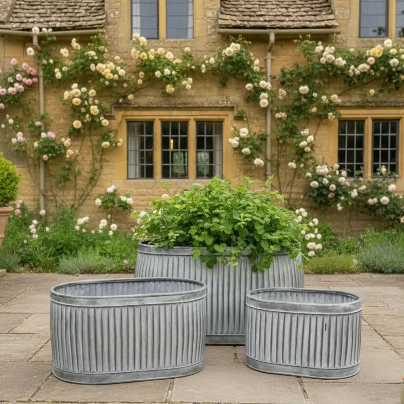 Rustic Distressed Fluted Planter Trough Set - 3