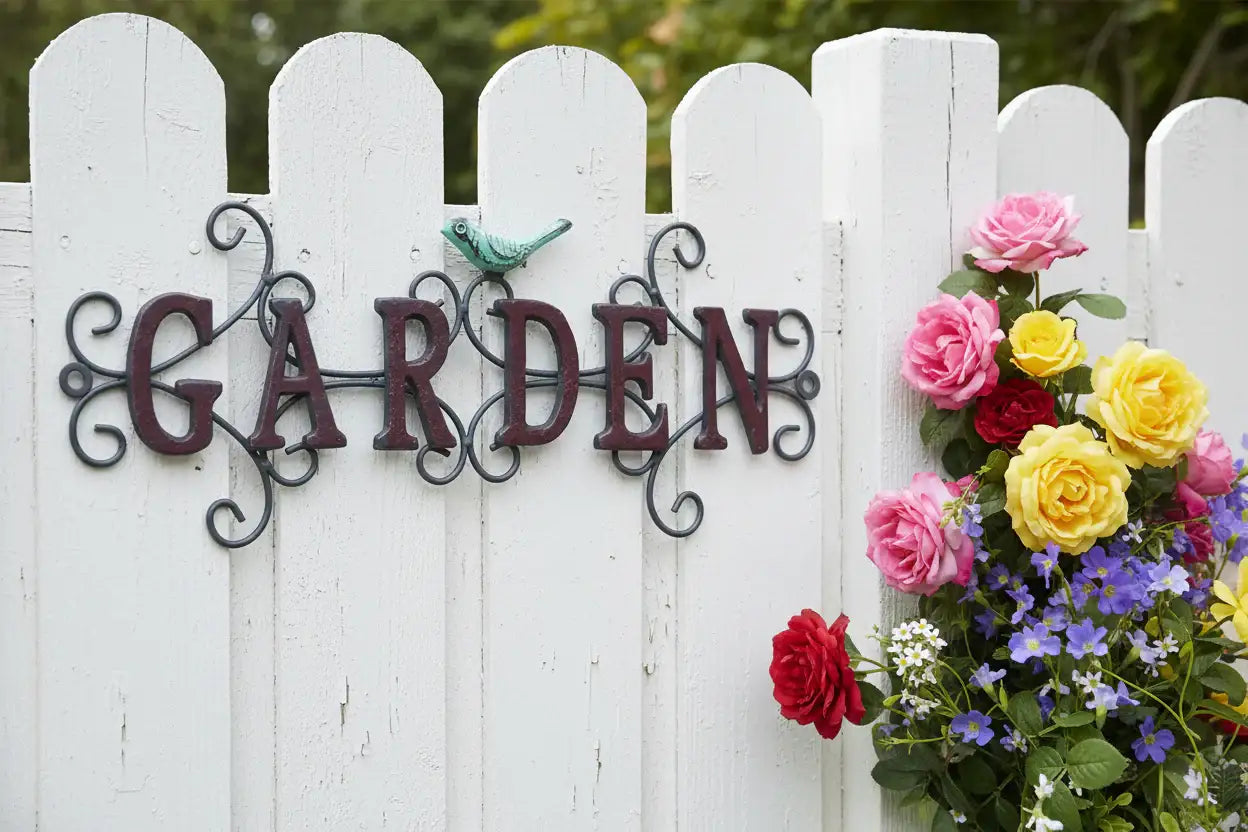 Decorative 'Garden' sign on a white picket fence with flowers.