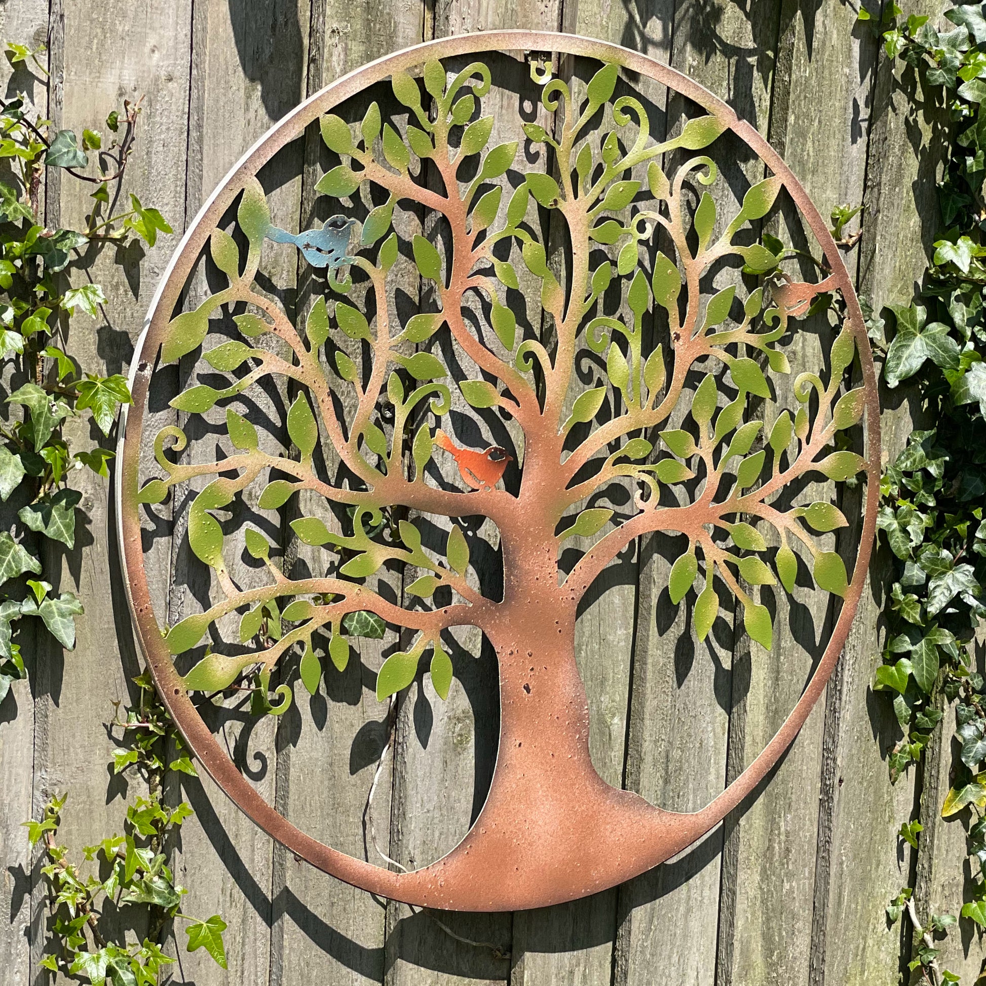 Rustic Metal Tree Wall Art with Green Leaves 2