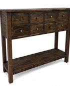 A rustic dark brown wooden console table with six drawers on the top, brass-style round knobs, and a lower open shelf, shown on a white background.