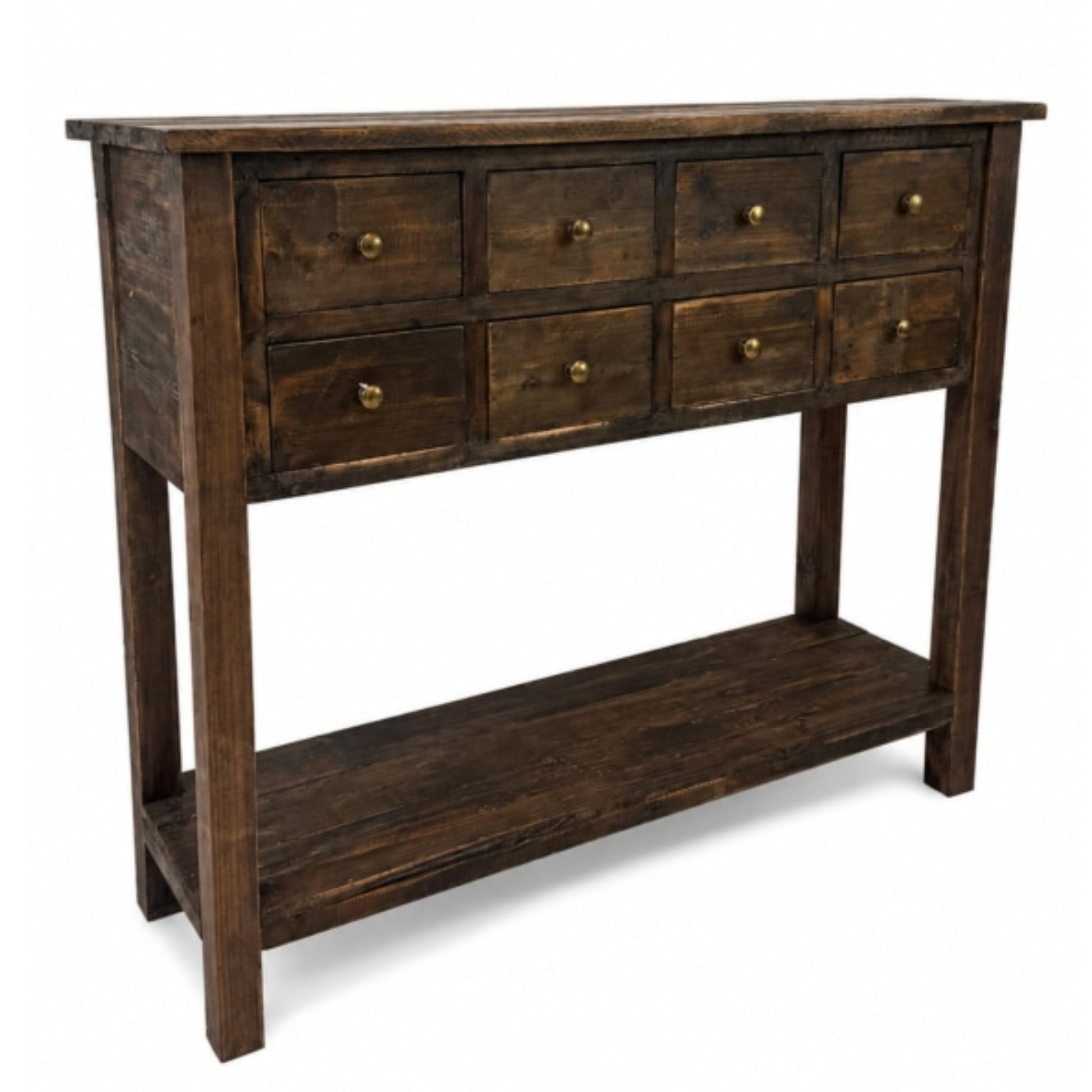 A rustic dark brown wooden console table with six drawers on the top, brass-style round knobs, and a lower open shelf, shown on a white background.