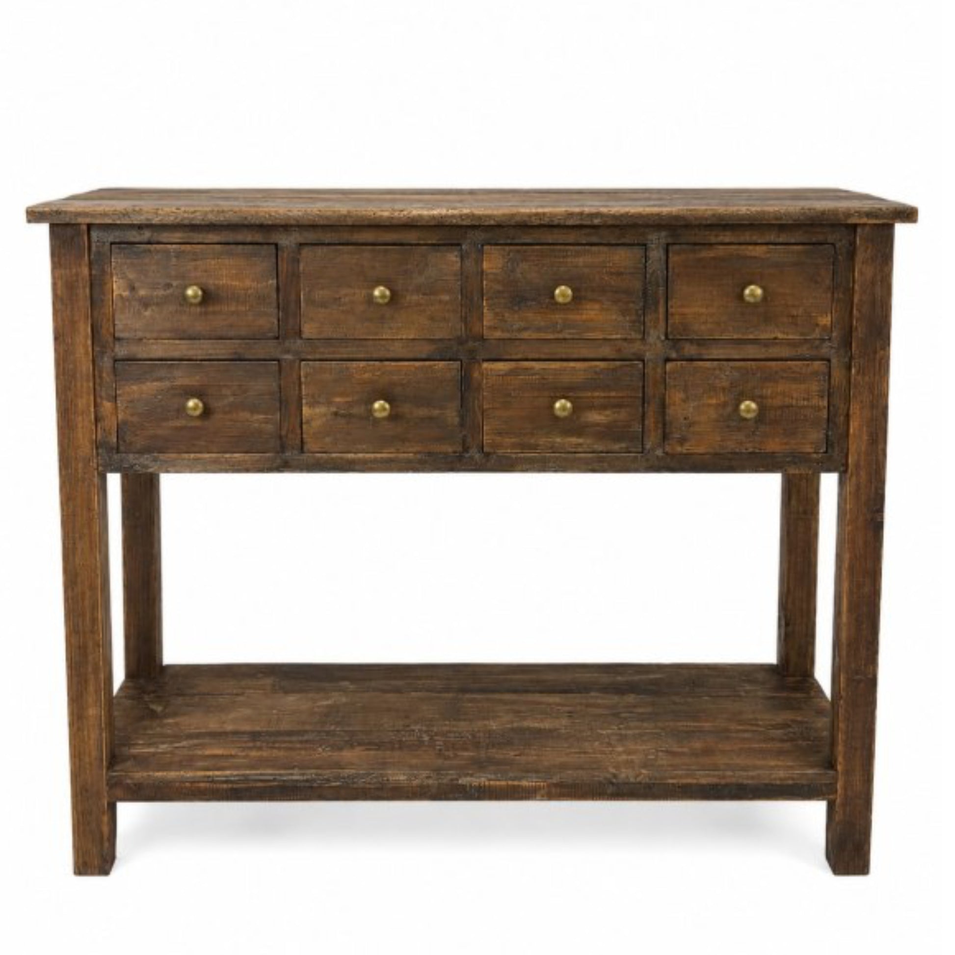 A rustic dark brown wooden console table with nine drawers, brass knobs, and an open lower shelf, shown against a plain white background.