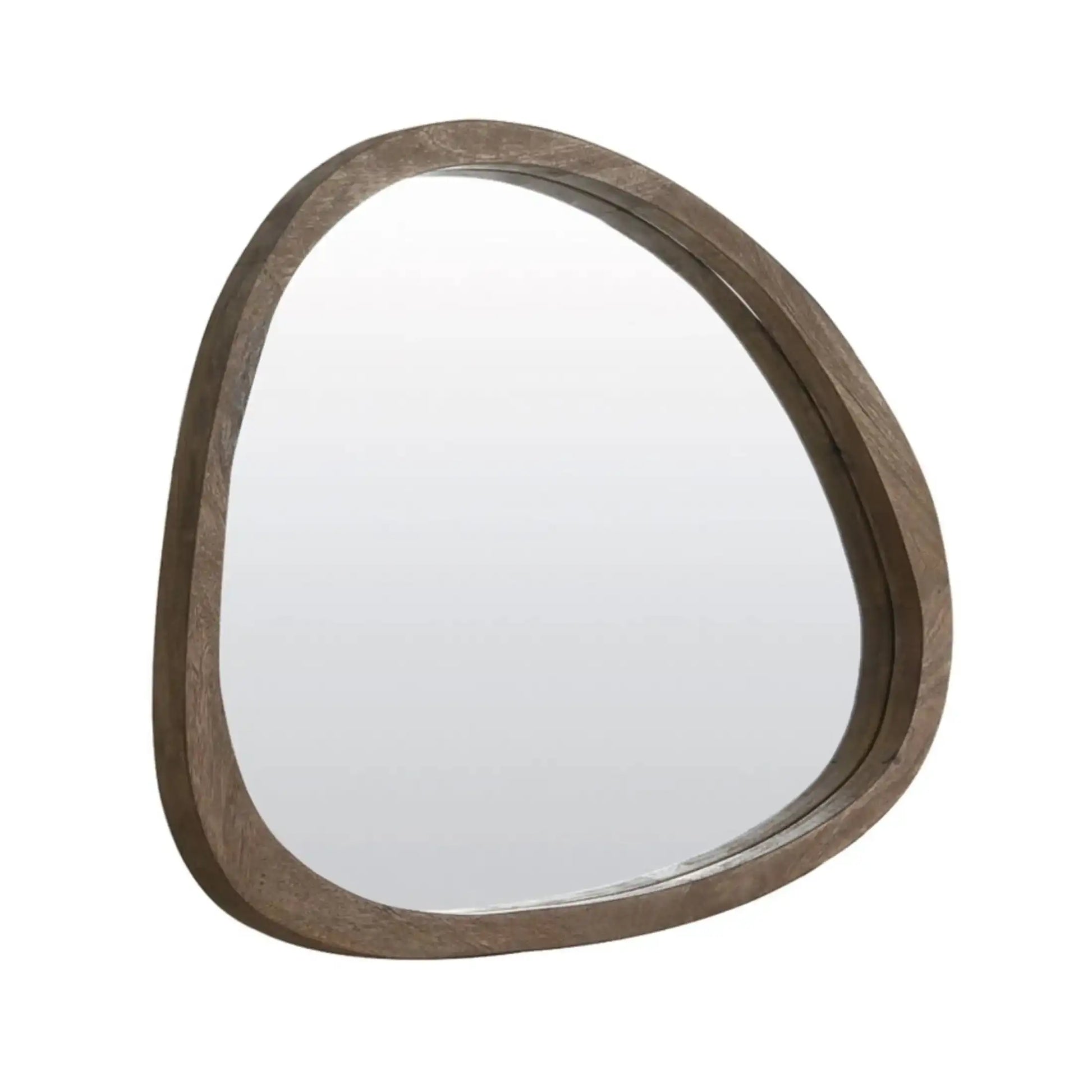 Triangular mirror with a wooden frame on a white background
