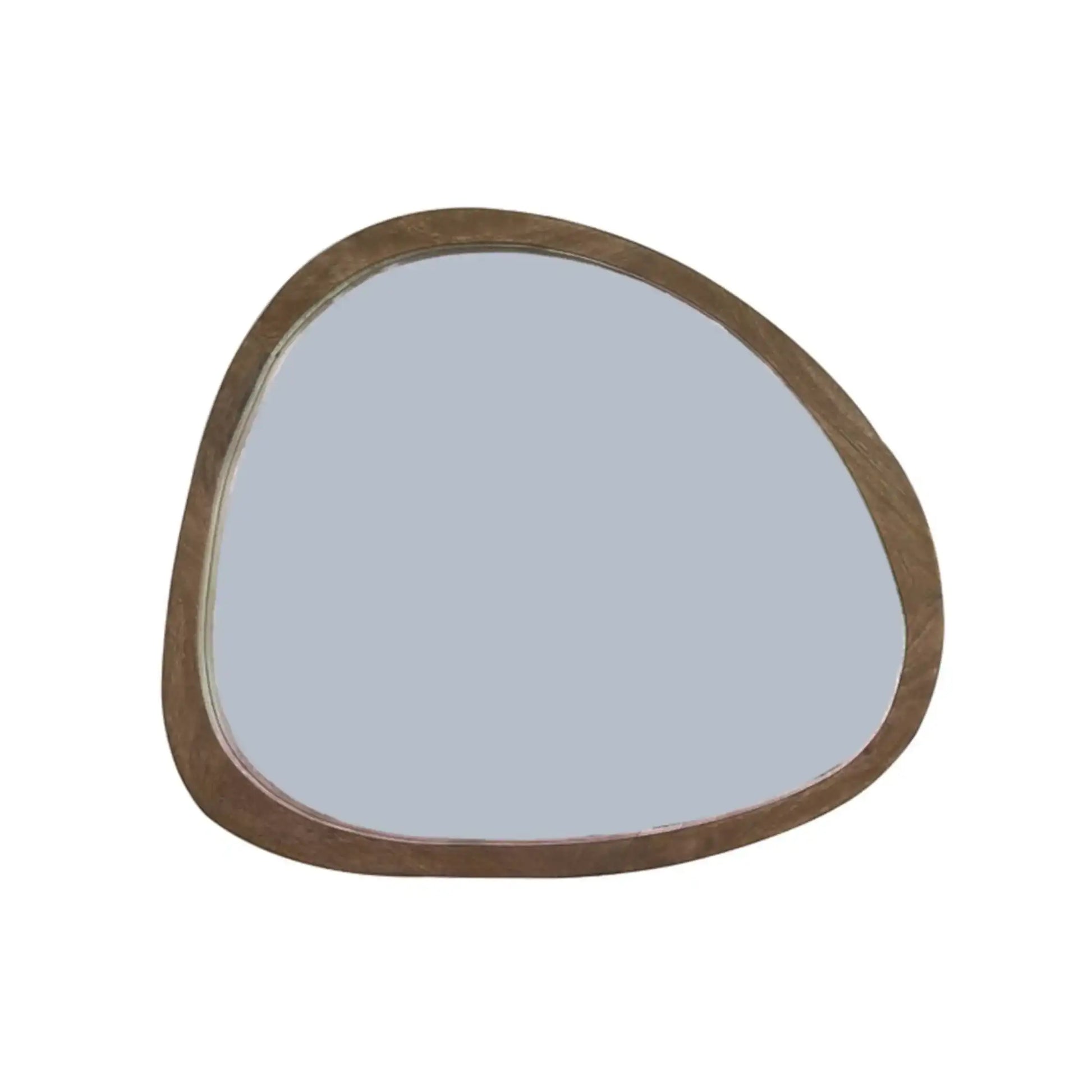 Triangular mirror with wooden frame on a white background