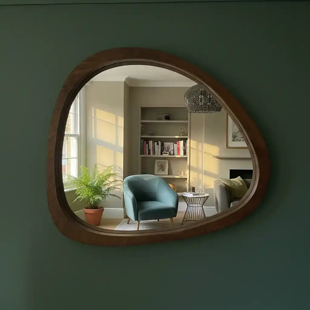 Person taking a mirror selfie in a room with a chandelier and window.