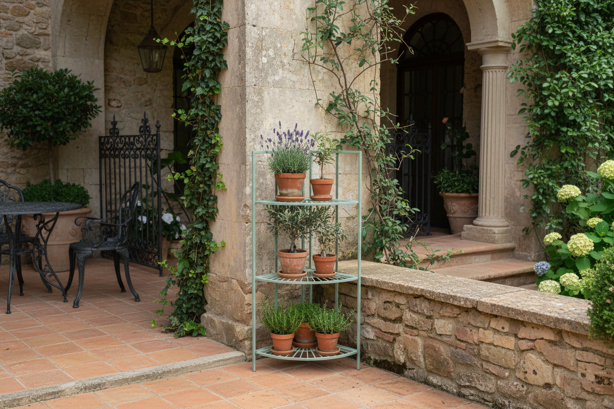 Outdoor patio with stone walls, potted plants, and a metal shelf.