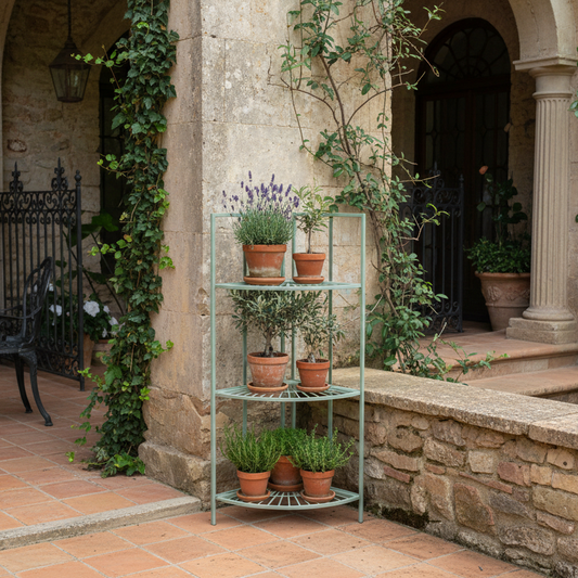 Outdoor setting with a metal plant stand holding potted plants against a stone wall.