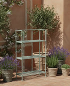 Green metal plant stand with potted plants against a beige wall.