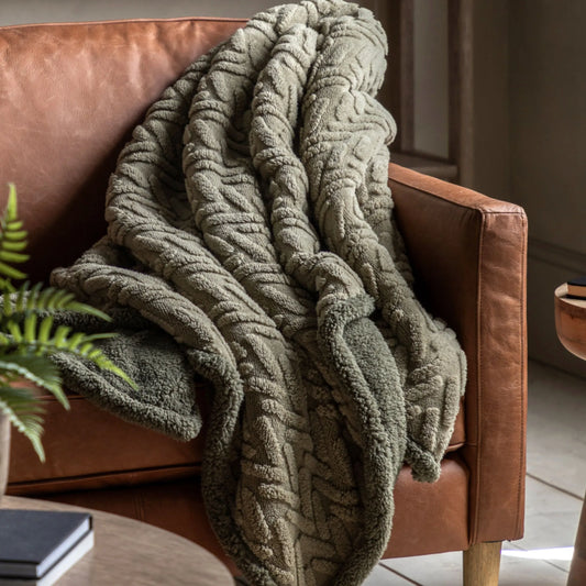 Sage Green Herringbone Faux Fur Throw