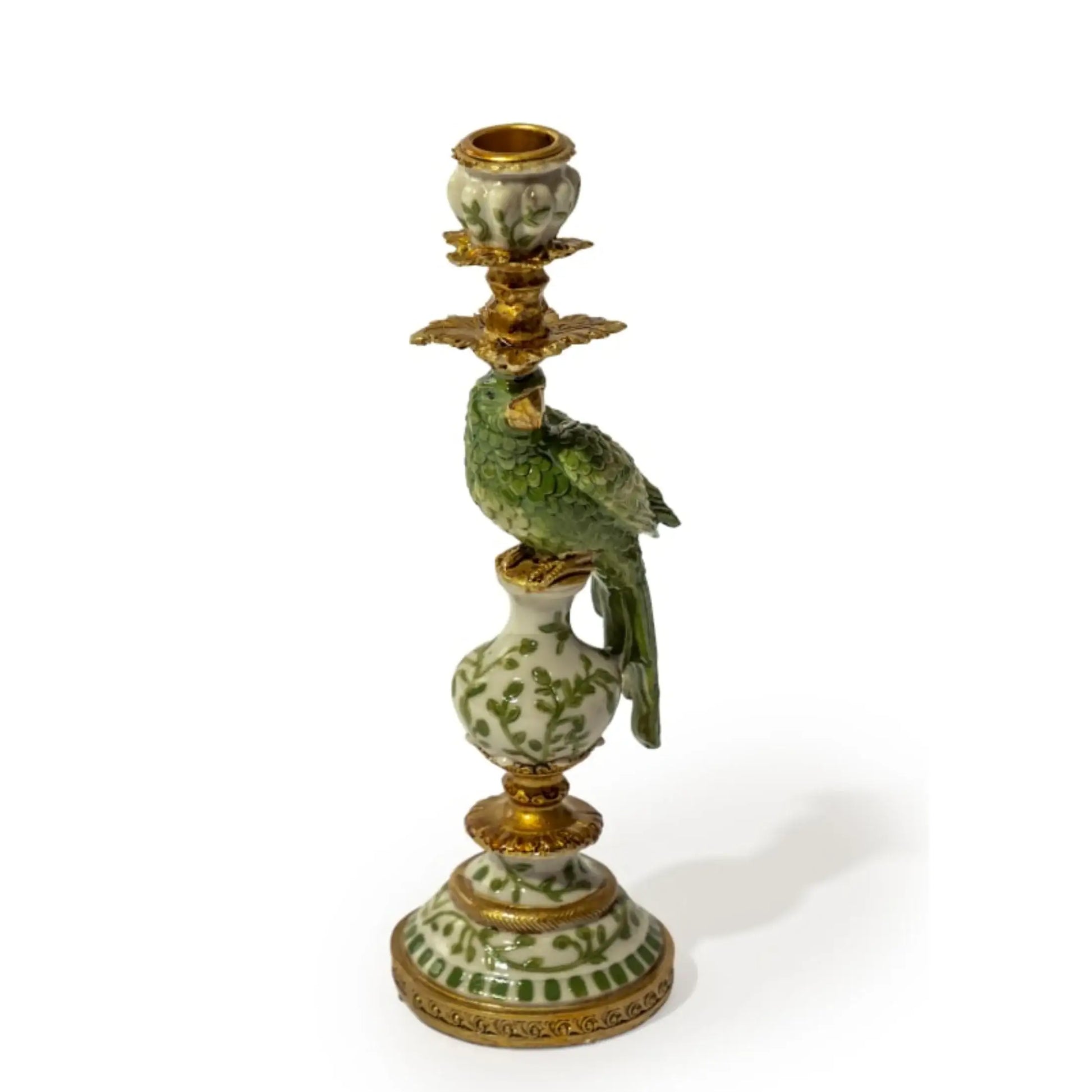Decorative candle holder with a parrot on a white background