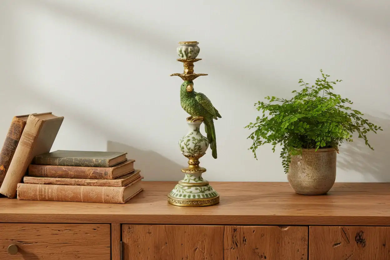 Decorative candlestick with bird figure on a wooden surface with books and a plant.