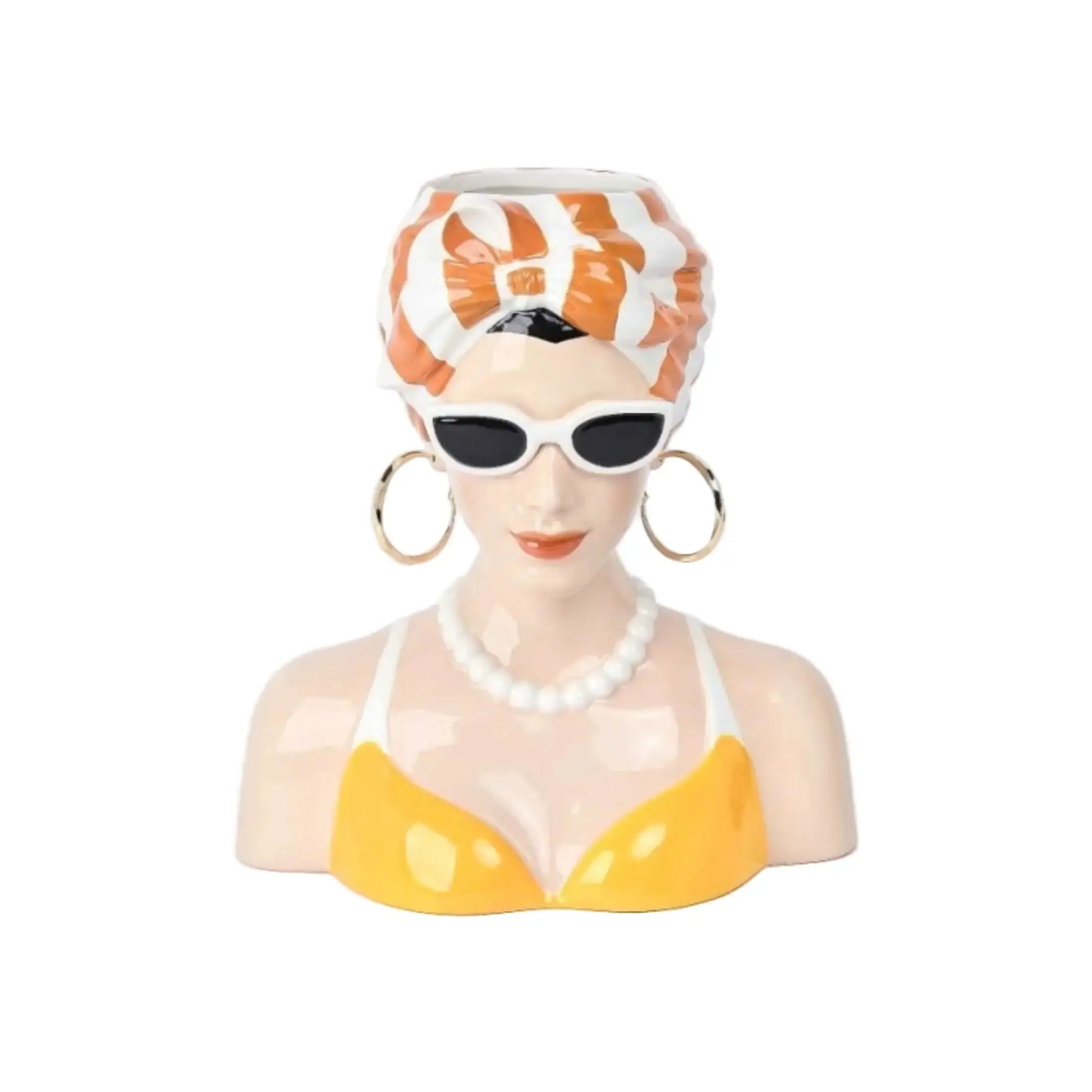 Decorative bust of a woman wearing sunglasses, a yellow swimsuit, and a striped headscarf on a white background.