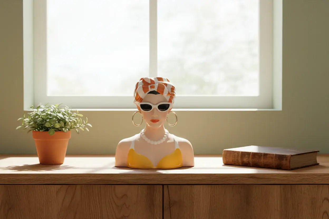 Decorative bust with sunglasses and headband on a wooden surface next to a potted plant and book, with a window in the background.