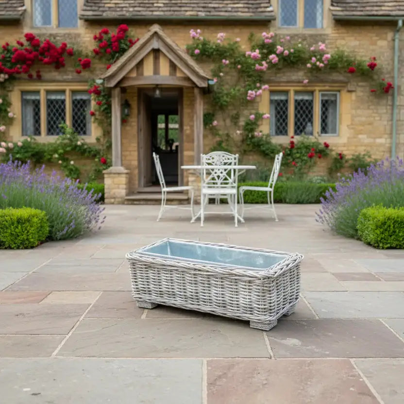 Wide Rectangular Rattan Trough Planter with Metal Insert