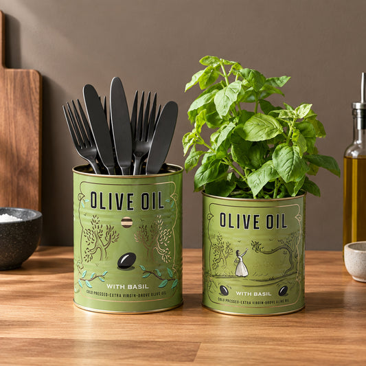 Two olive oil tins styled as home decor on a white marble surface. The left tin is painted sage green and holds gold-colored flatware, while the right tin is a natural olive-green color and contains a green basil plant.