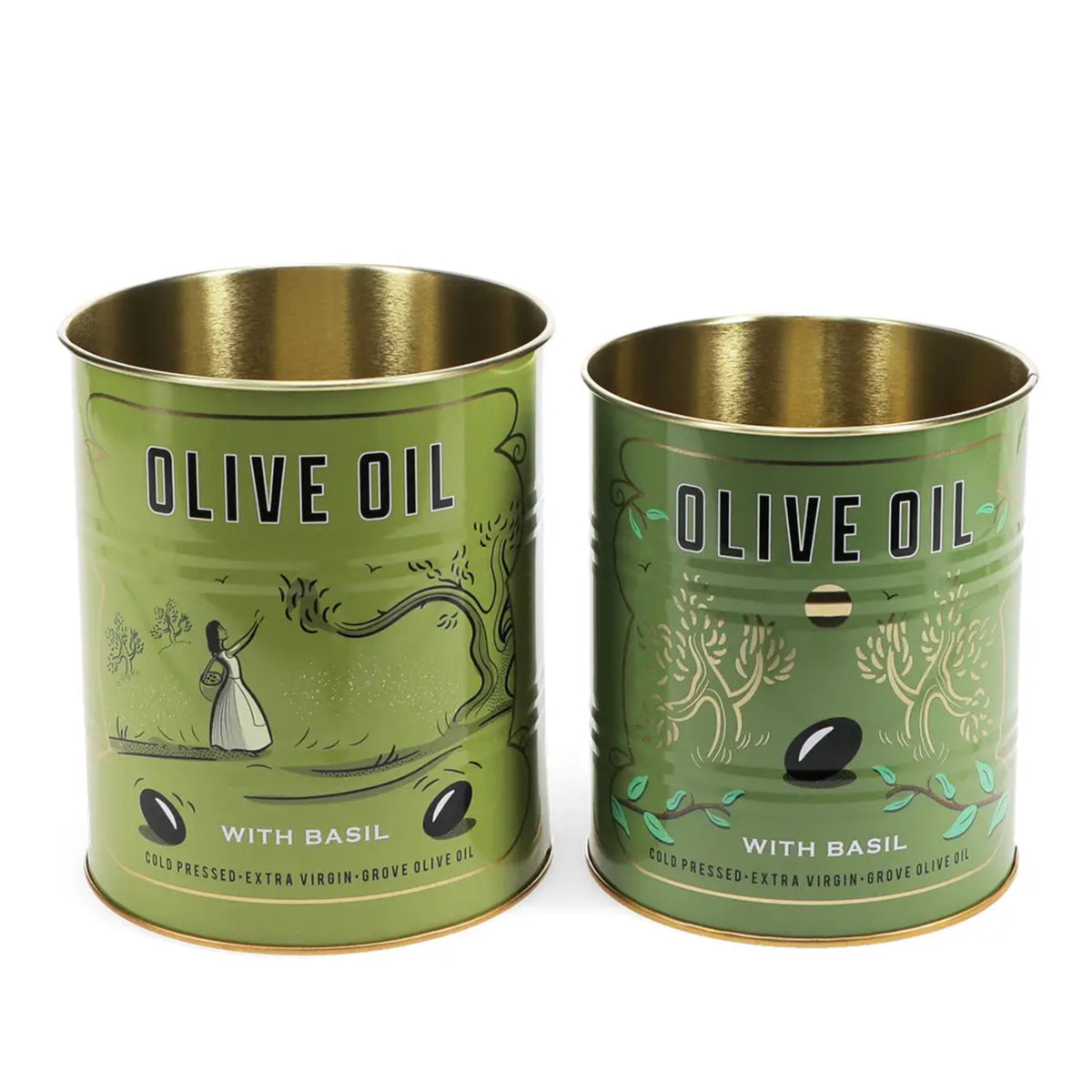 Two olive oil tins with a vintage-style green and gold design, one labeled 'OLIVE OIL WITH BASIL' and the other showing a small bottle of olive oil inside, set against a plain white background.