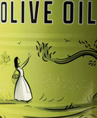 Close-up of olive oil packaging with the words 'OLIVE OIL' in large black letters on a yellow-green background, plus an illustrated woman in a white dress standing near an olive tree.