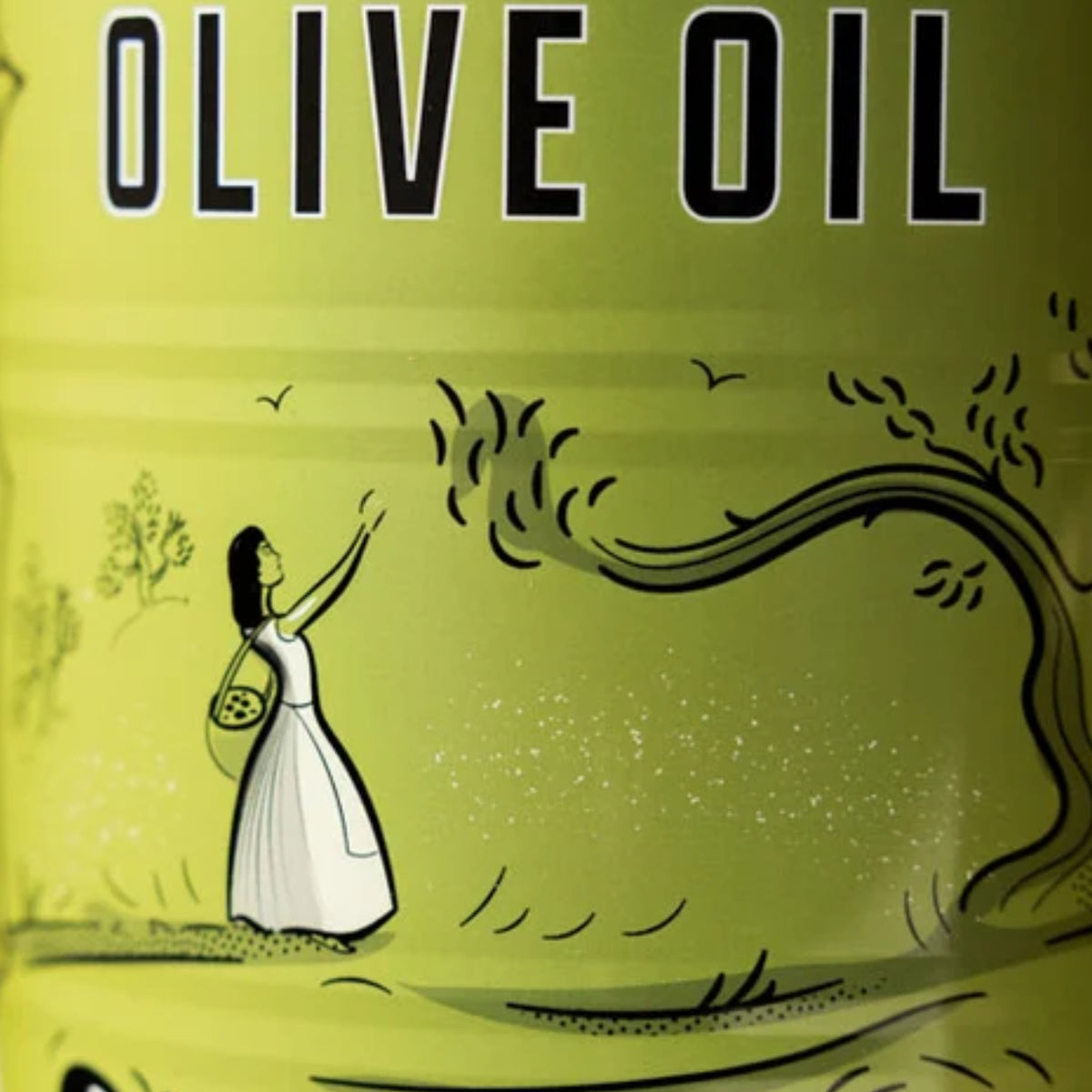 Close-up of olive oil packaging with the words 'OLIVE OIL' in large black letters on a yellow-green background, plus an illustrated woman in a white dress standing near an olive tree.