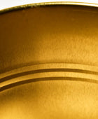 Close-up of a brushed metallic gold surface with concentric circular ridges and a thin reflective rim at the top.