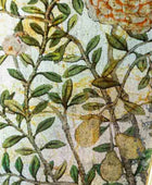 Close-up of a floral pattern with green leaves and brown branches on a textured background.
