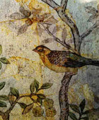 Decorative wall art with a bird and floral elements on a textured background