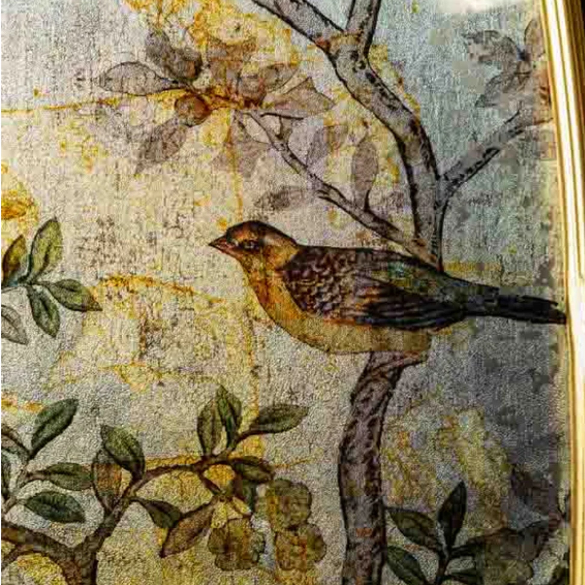 Decorative wall art with a bird and floral elements on a textured background