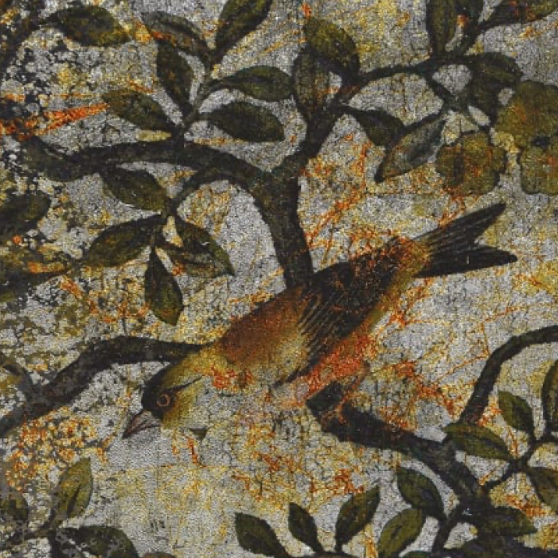 Decorative mosaic with a bird and foliage on a textured background