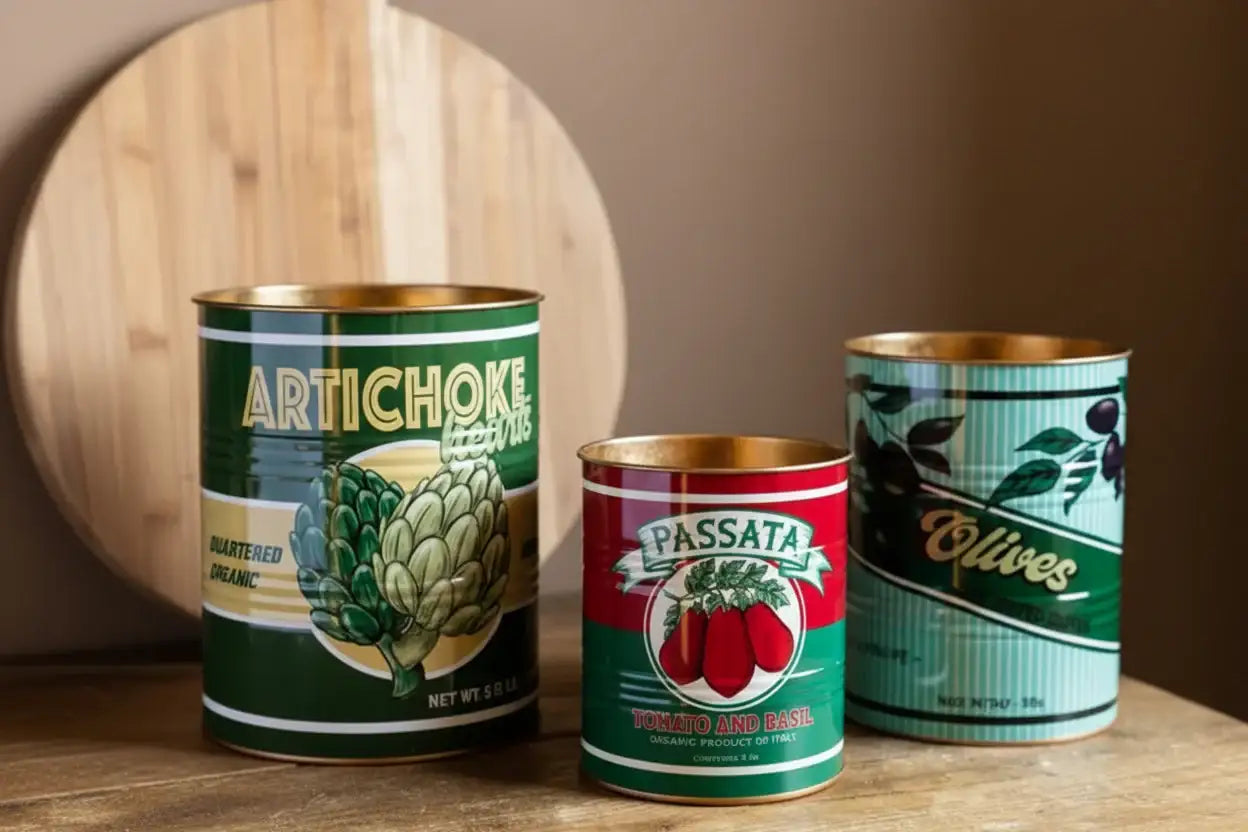 Three vintage-style canned food tins on a wooden surface with a dark background