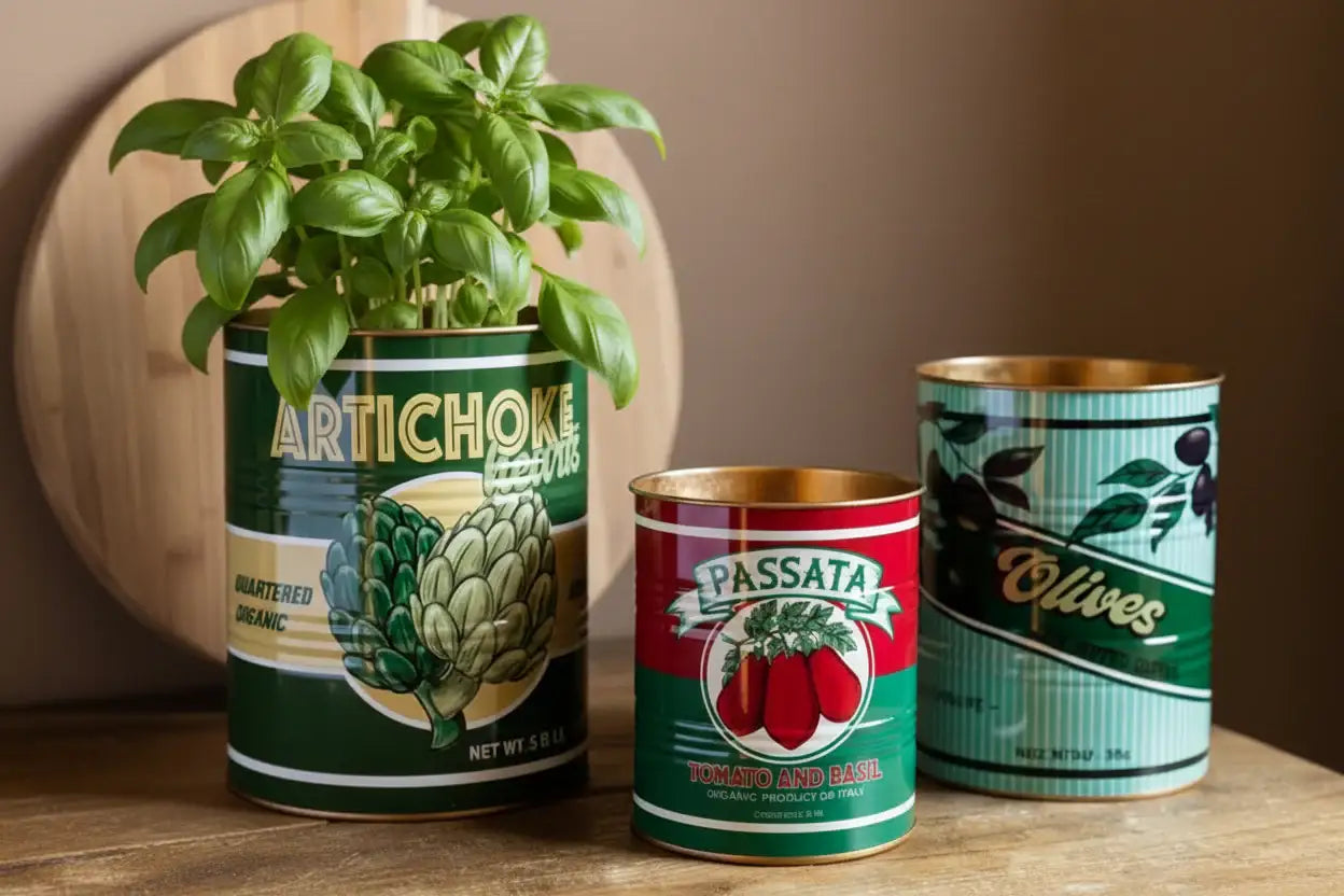 Recycled can planters with a basil plant, Passata can, and Olives can on a wooden surface.