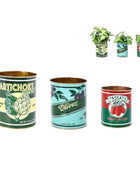 Three decorative planters designed to look like vintage food cans with labels for artichokes, olives, and passata.