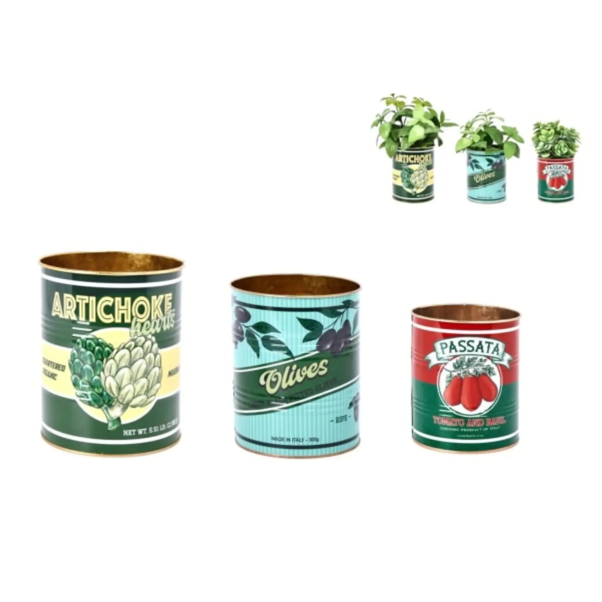 Three decorative planters designed to look like vintage food cans with labels for artichokes, olives, and passata.