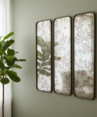 Three decorative mirrors with floral patterns on a wall next to a plant.