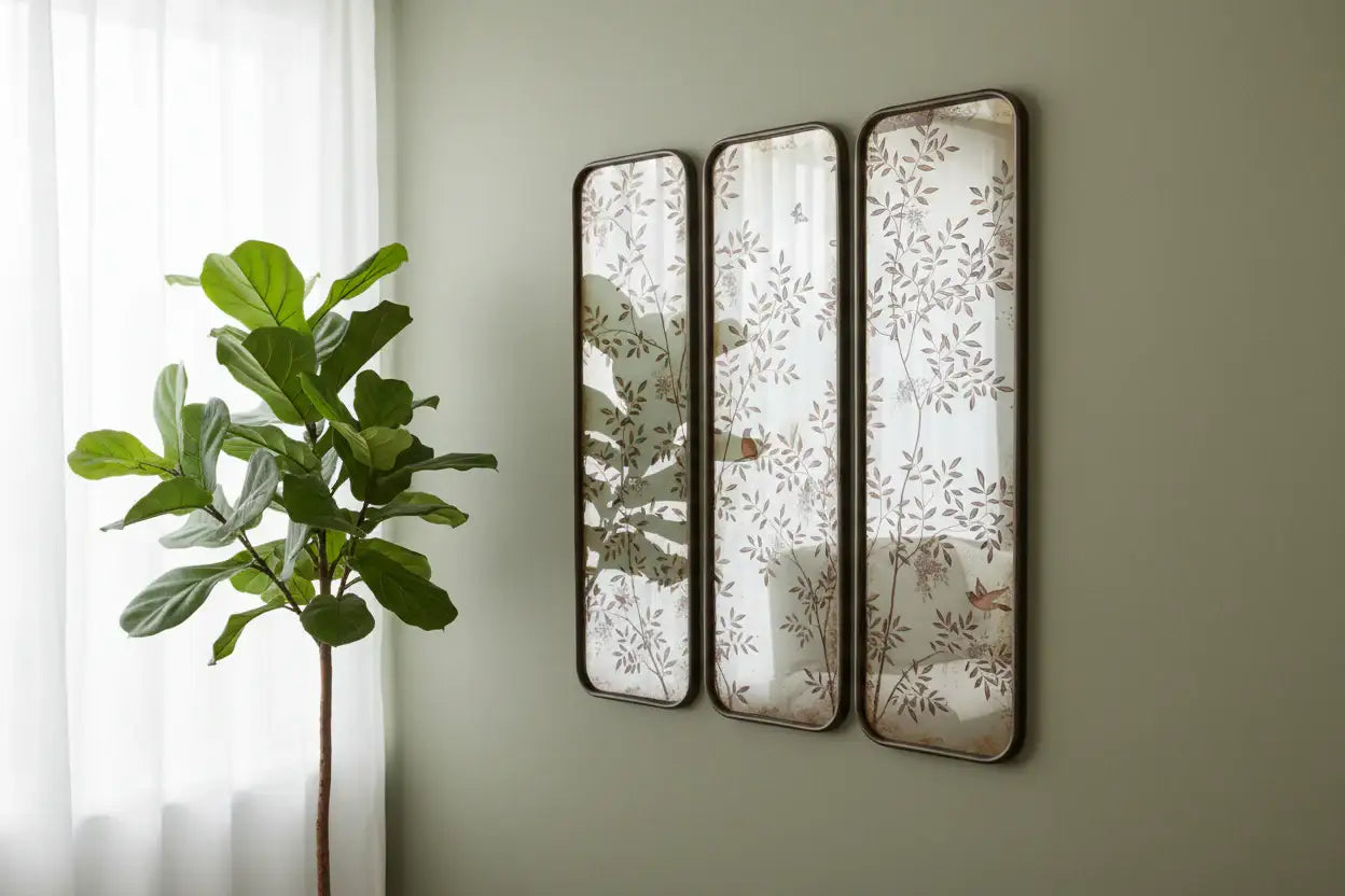 Three decorative mirrors with floral patterns on a wall next to a plant.