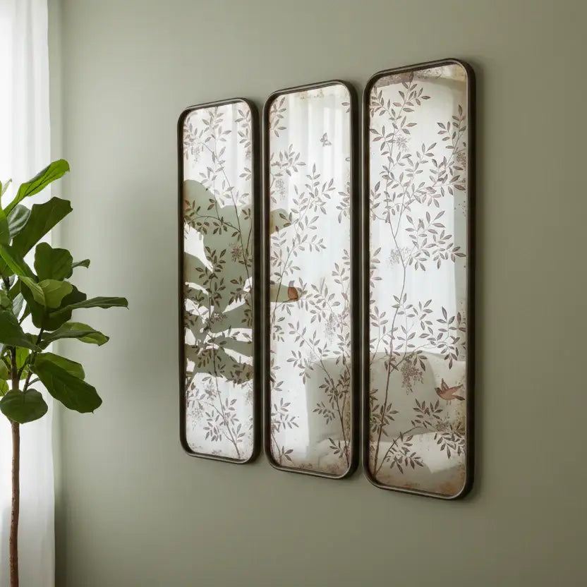 Three decorative mirrors with floral patterns on a wall.