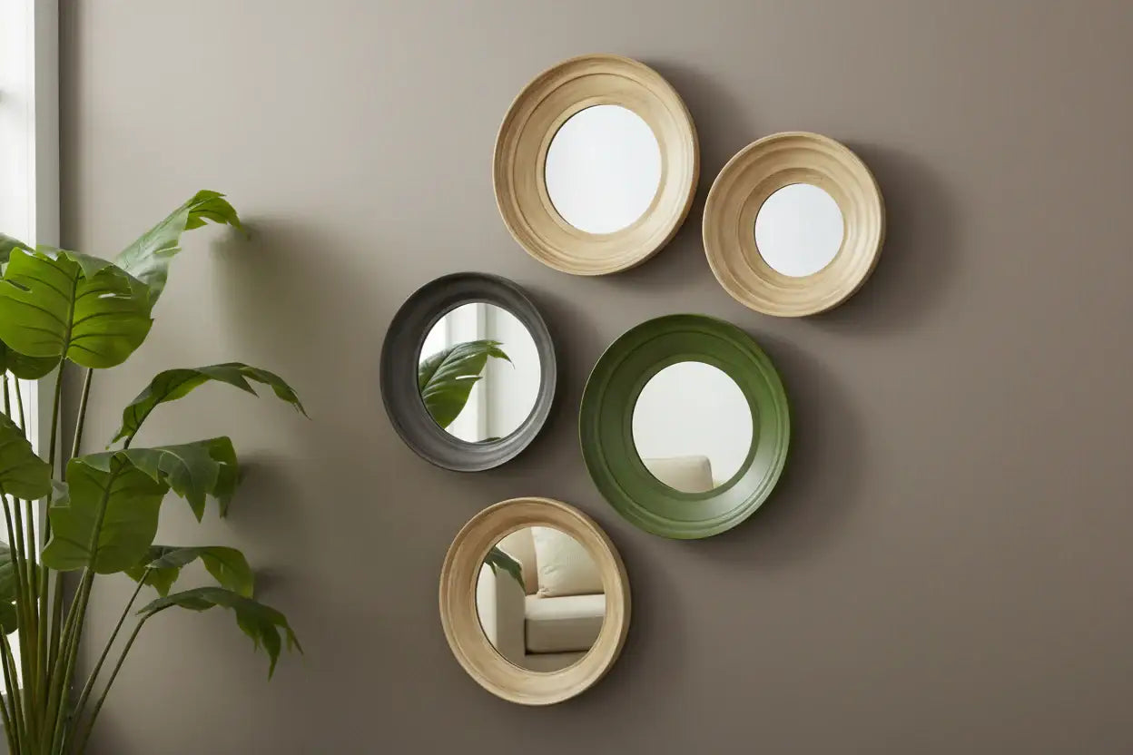 Set of round mirrors in various colors on a beige wall with a plant to the left.