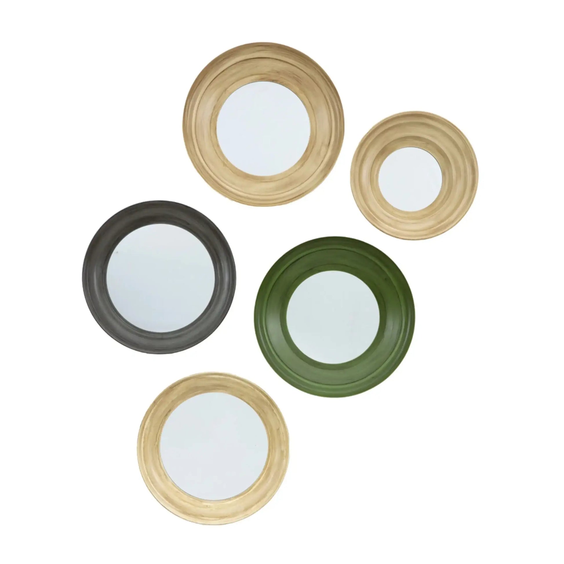 Set of five round mirrors in different colors on a white background