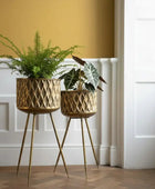 Two gold geometric planters with plants on a wooden floor against a white wall.