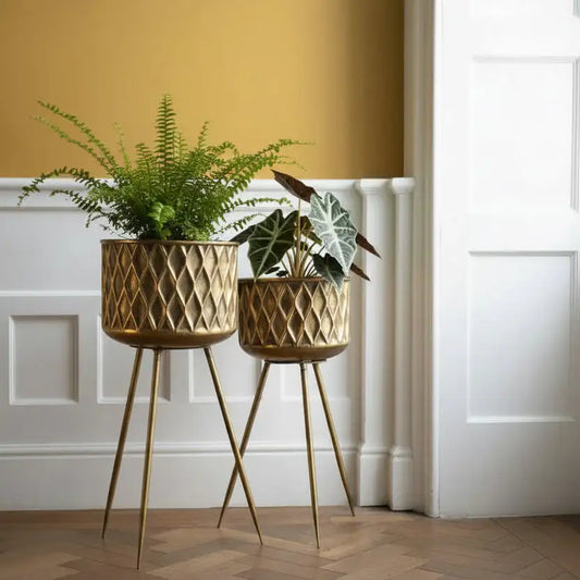 Two gold geometric planters with plants on a wooden floor against a white wall.