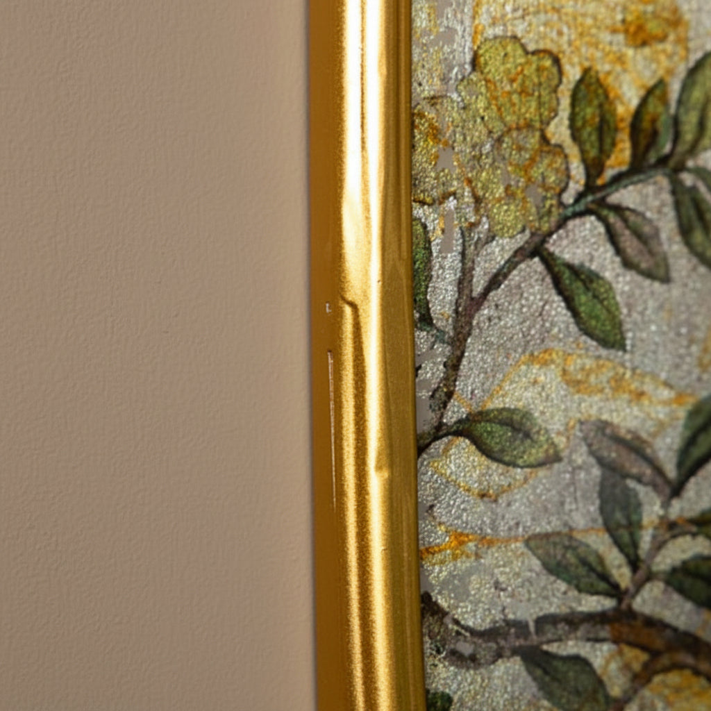 Close-up of a decorative mosaic tile wall featuring a floral pattern in muted green, gold, and gray tones, bordered by a prominent metallic gold frame on a wood surface.