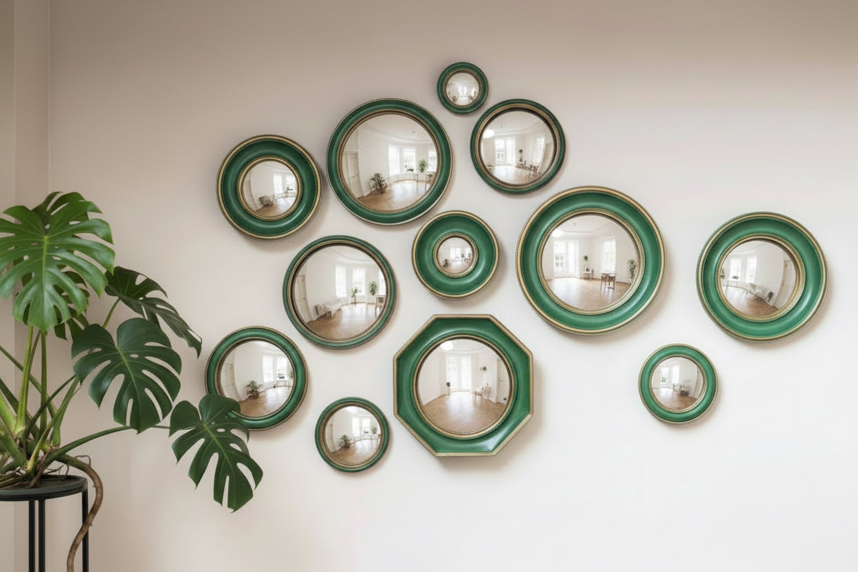 Wall with decorative mirrors in green frames and a plant on the left.