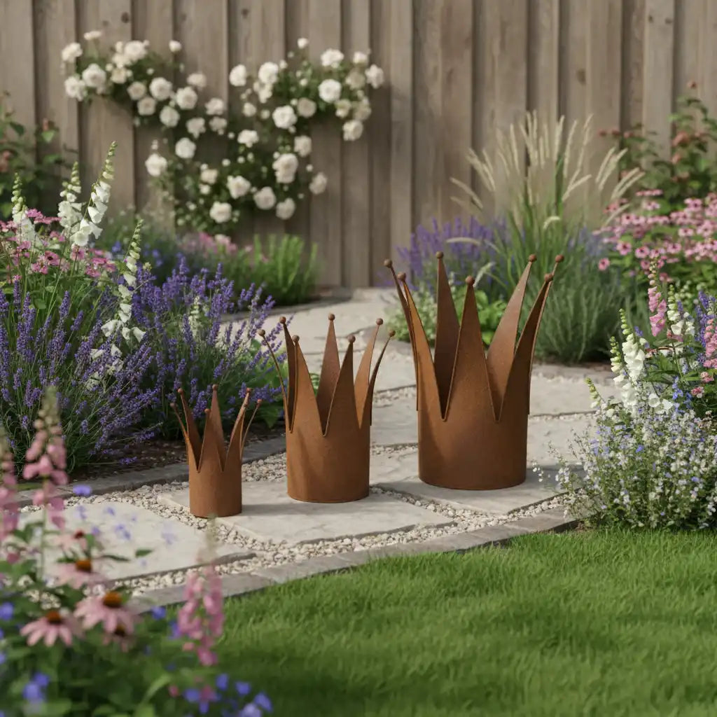 Three metal crown-shaped planters in a garden setting with flowers and a wooden fence.